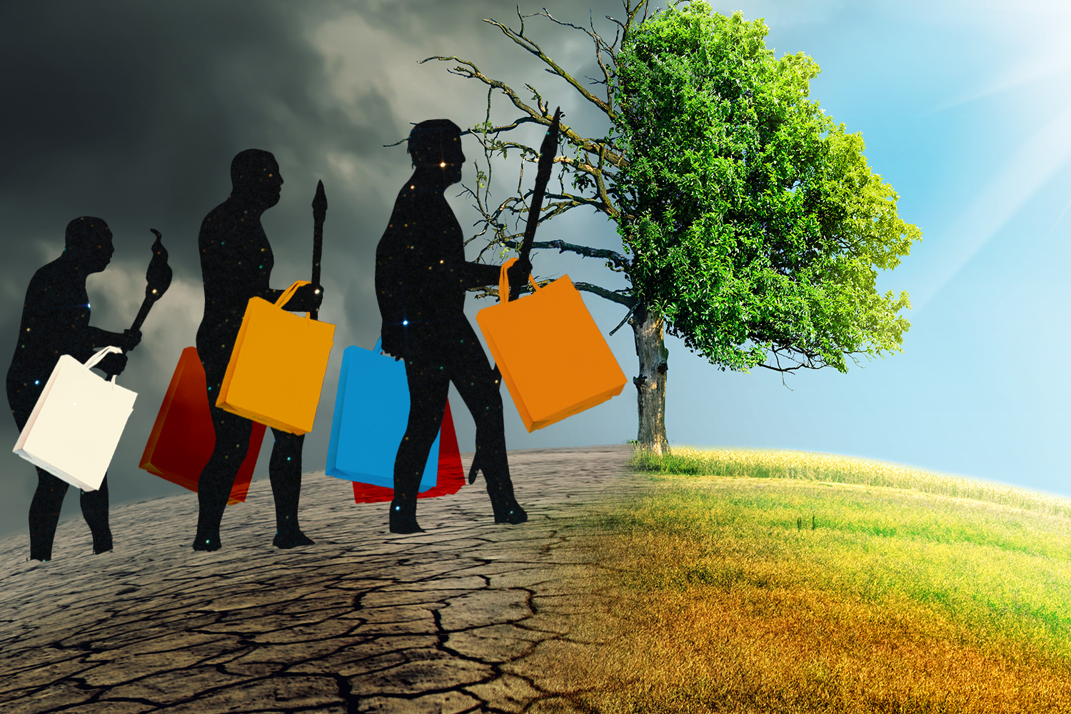 early human walking with spears and shopping bags from blighted landscape to healthy landscape