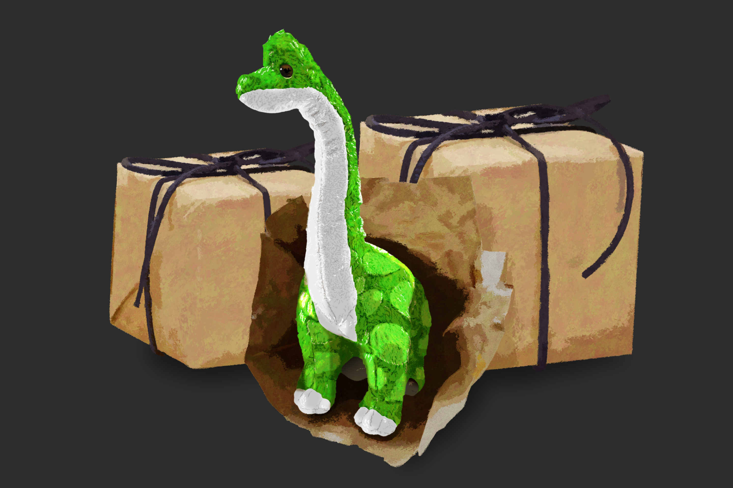 toy dinosaur with gifts in brown paper