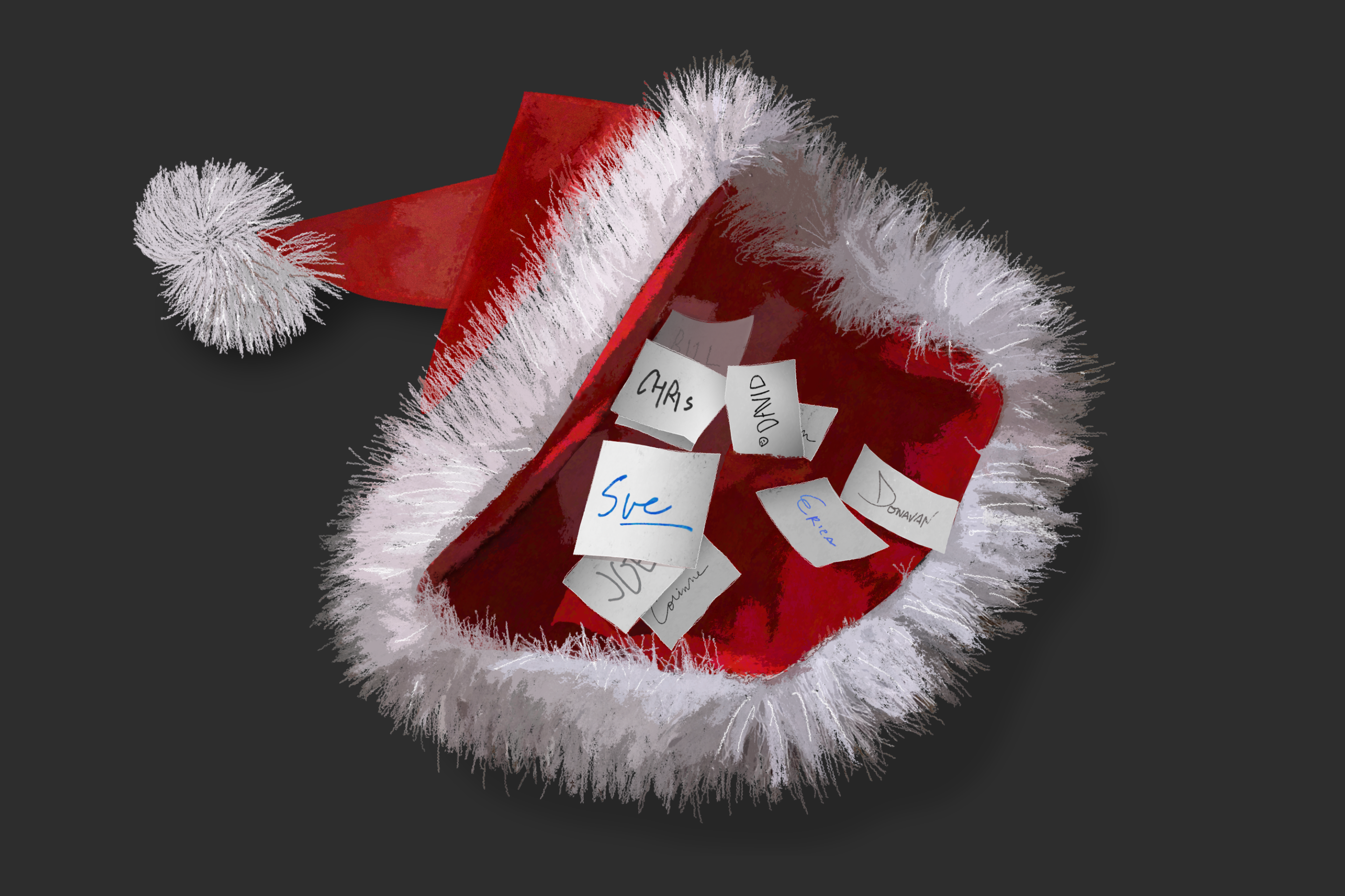 names in a secret santa hat
