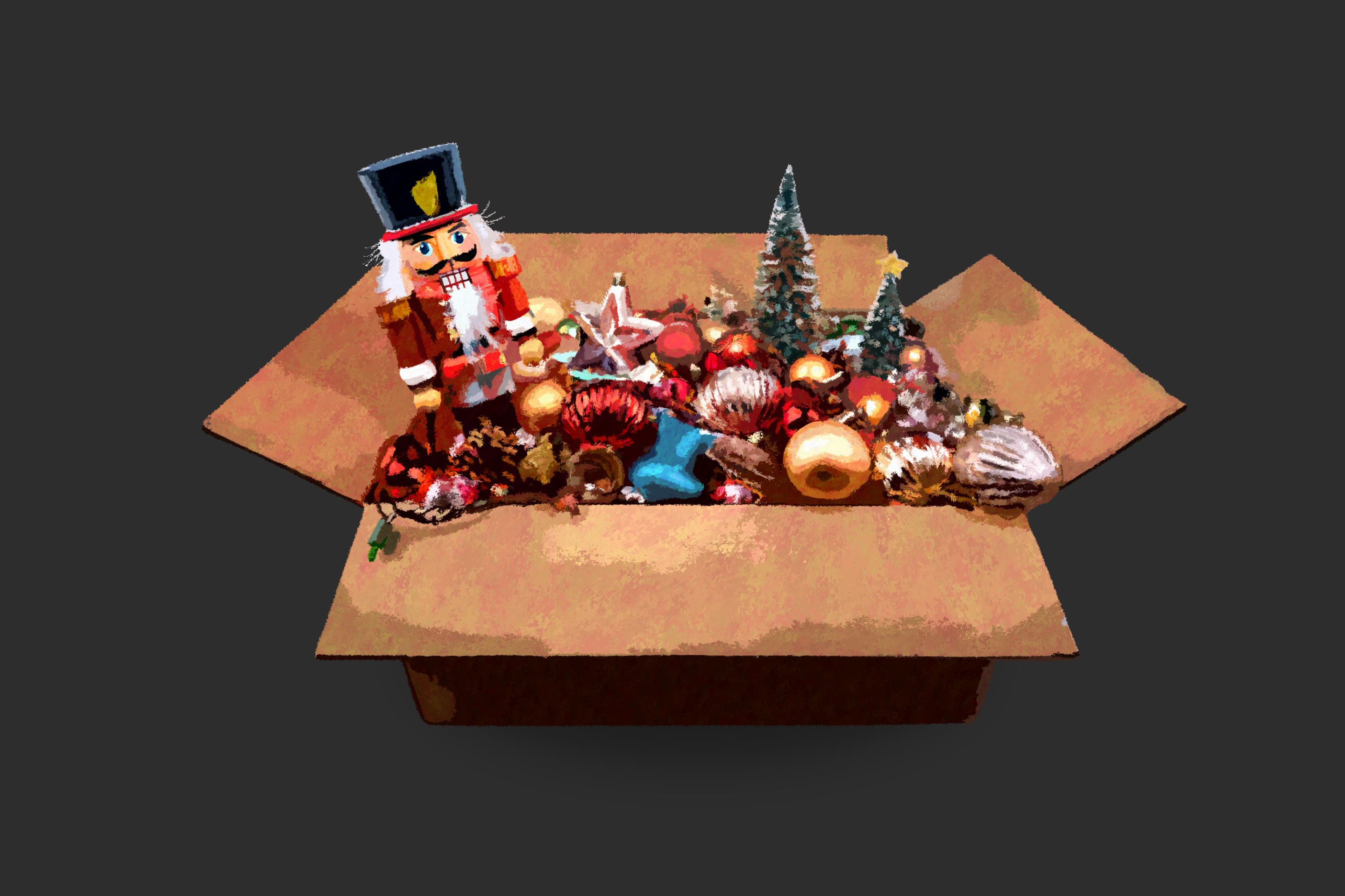 old christmas ornaments and decorations in a box