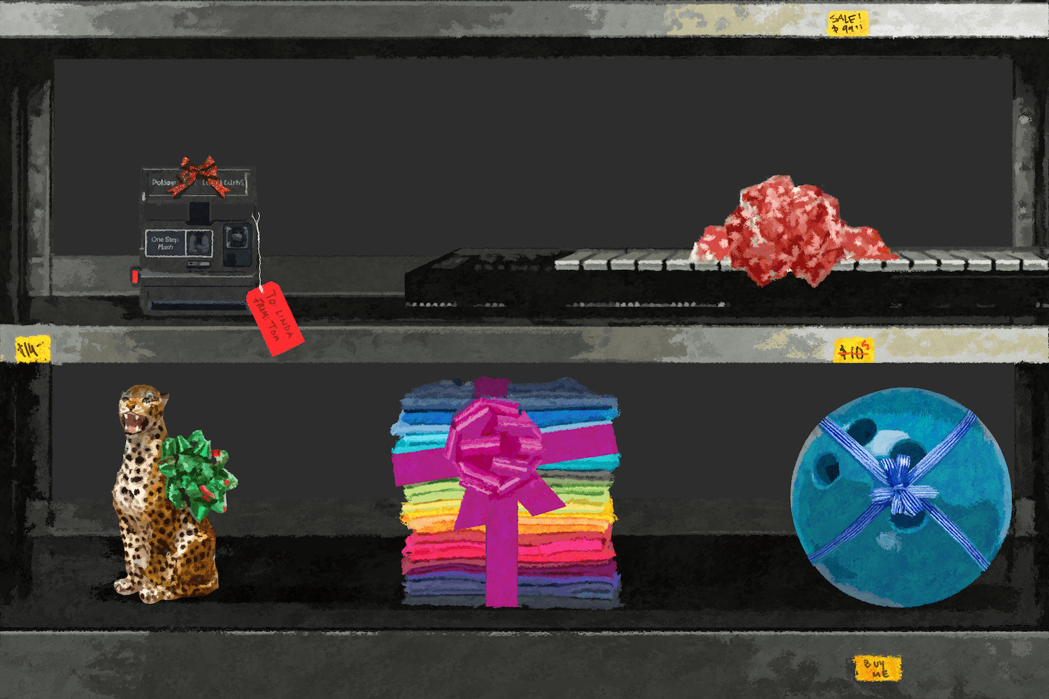 illustration of used items on a thrift store shelf