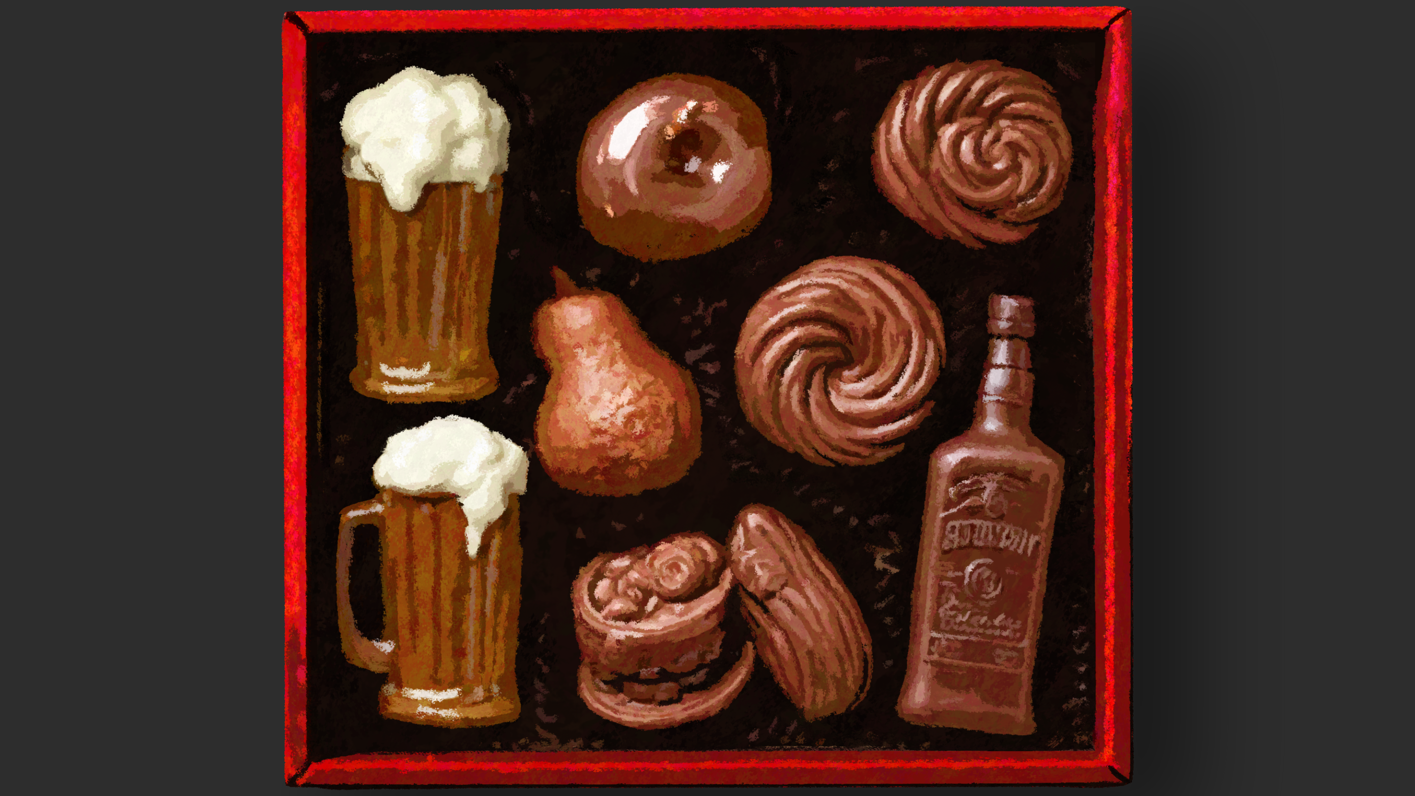 box of chocolates that look like food and drink