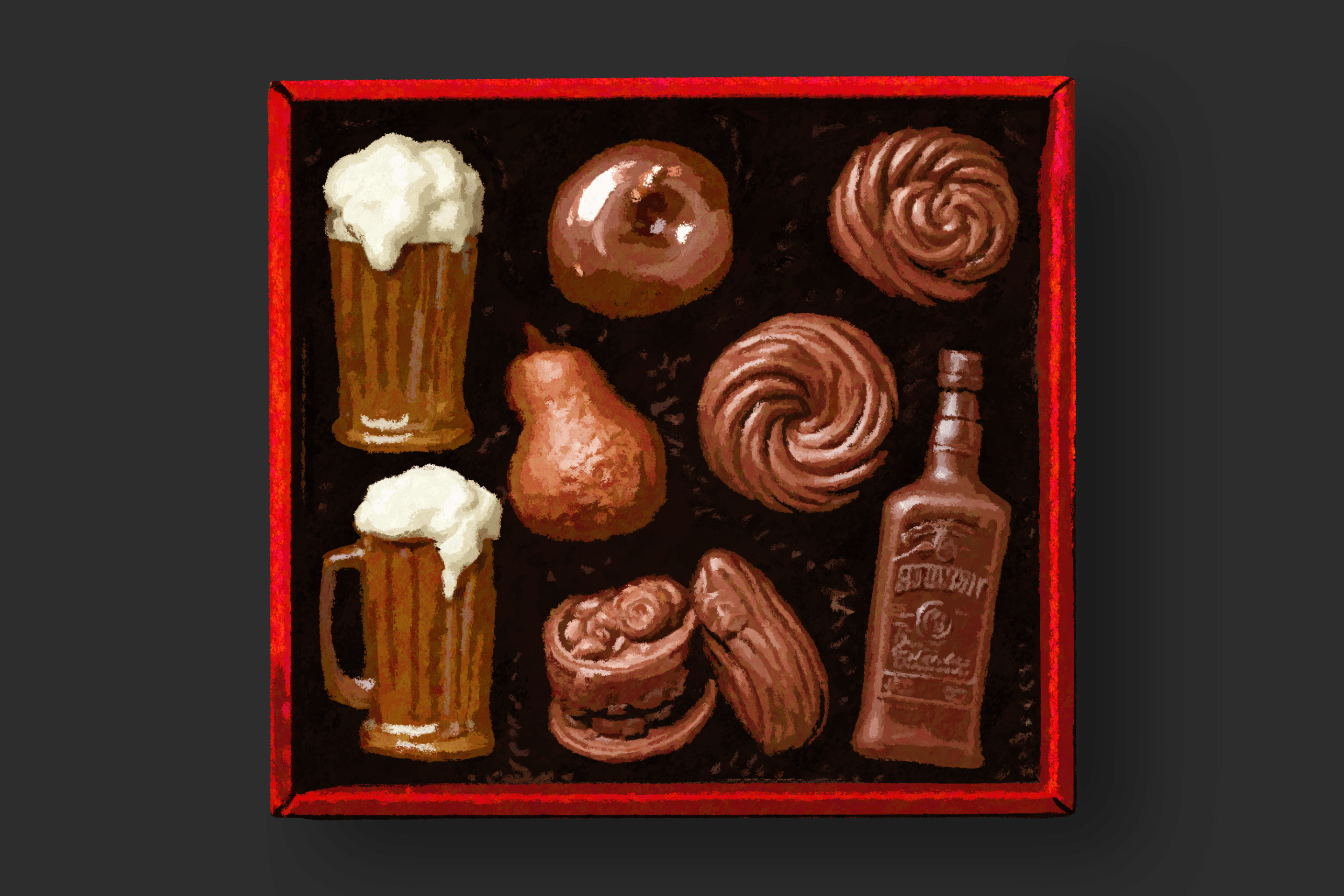 box of chocolates that look like food and drink