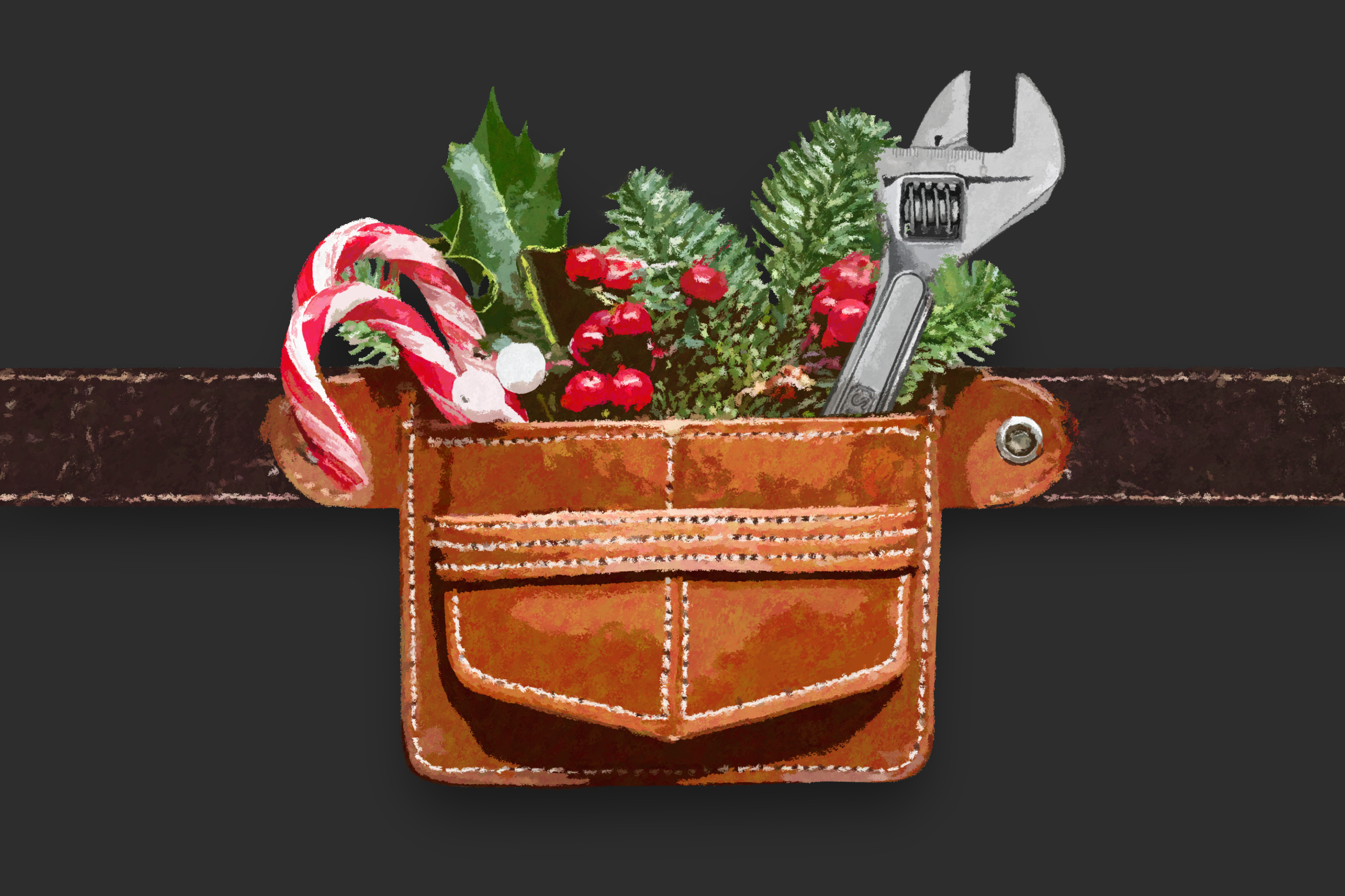 tool belt with wrench and holiday decor