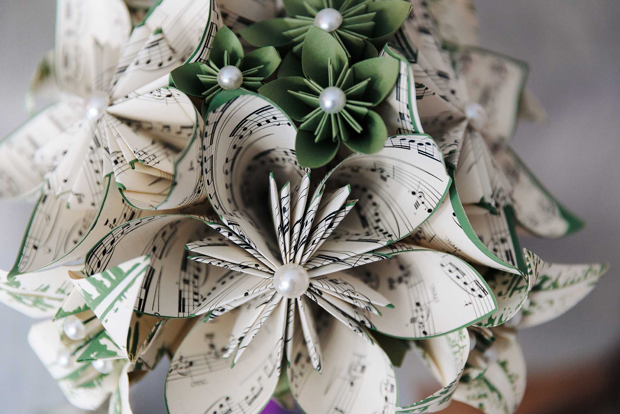 bouquet of paper flowers made of sheet music