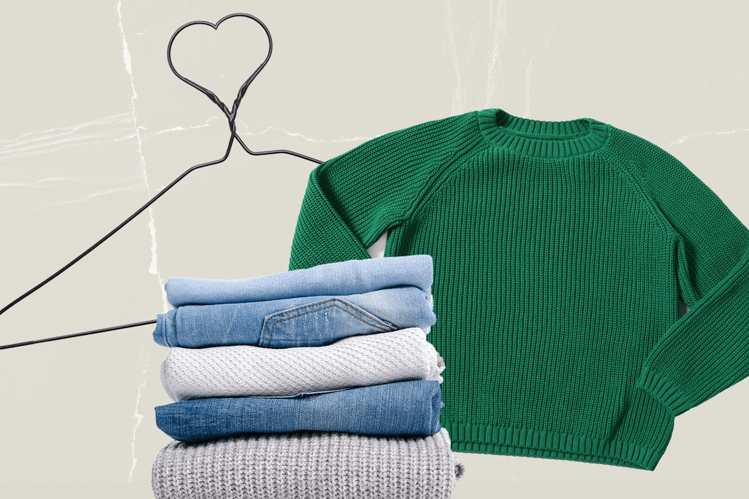 Photo-collage of hanger and clothes.