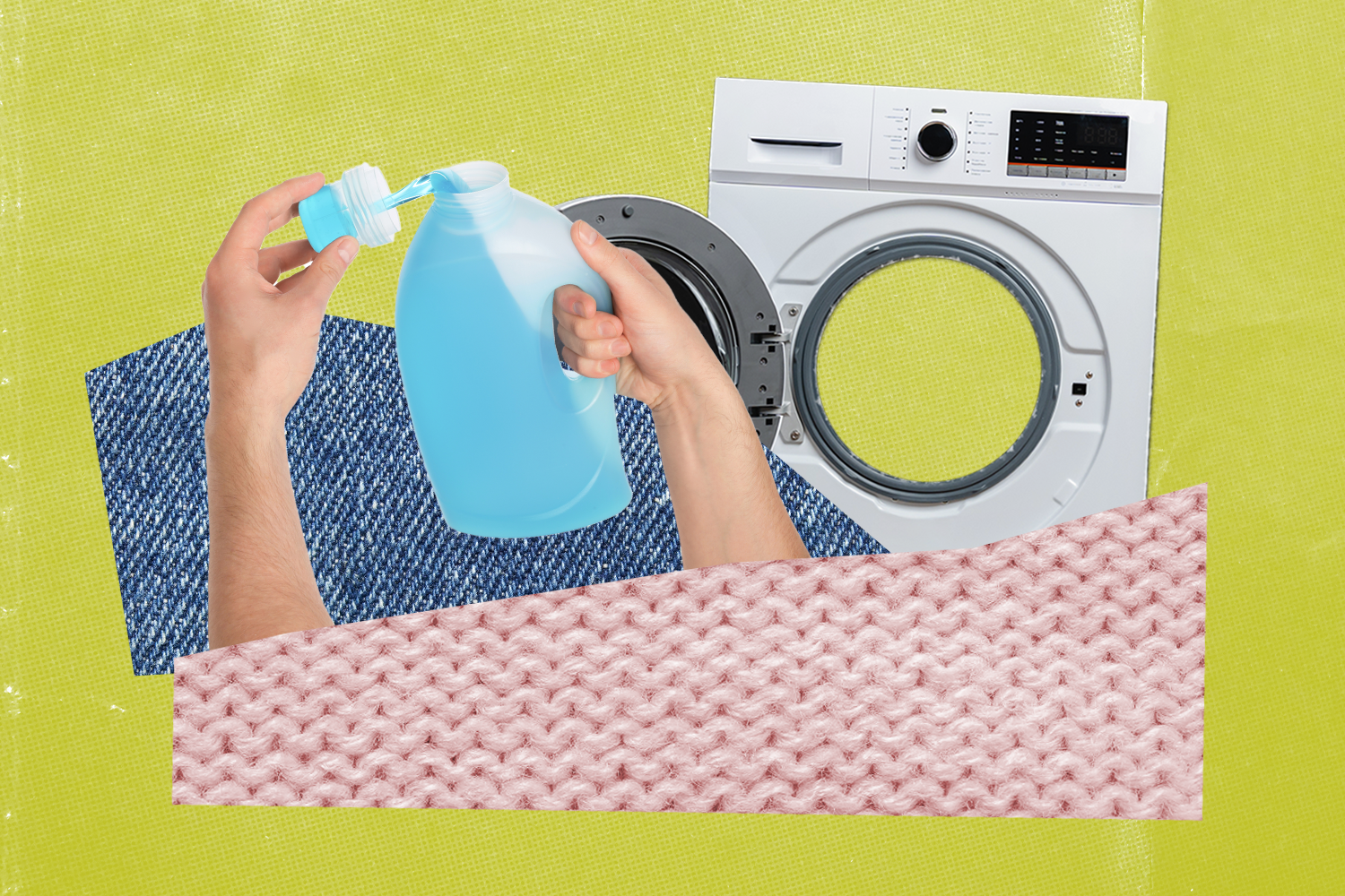 Photo-collage of washing machine and detergent.