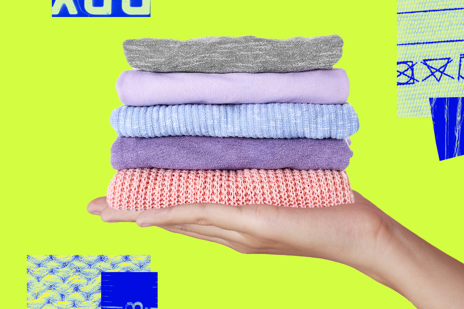 Photo collage of a stack of clean laundry