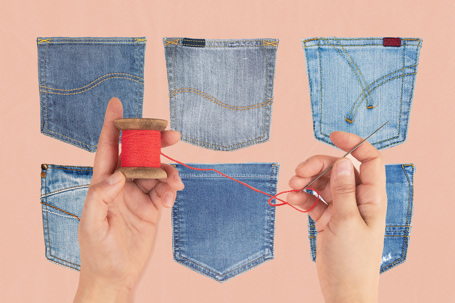 Photo collage of a sewing hand repairing jean pockets.