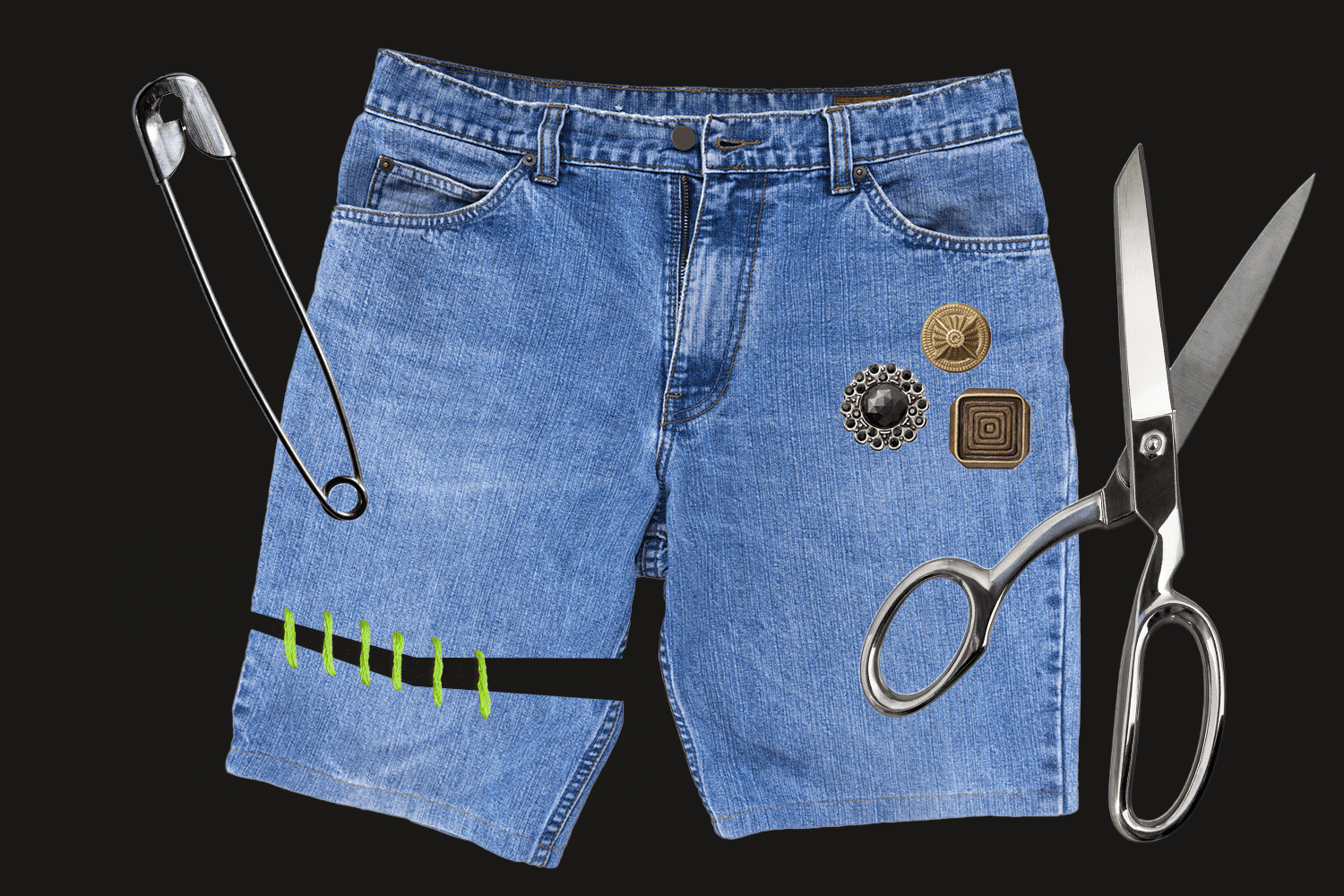 Photo collage of jean shorts being upcycled.