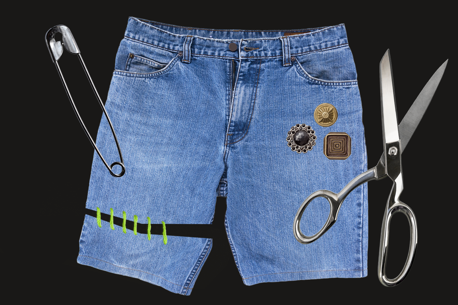 Photo collage of jean shorts being upcycled.