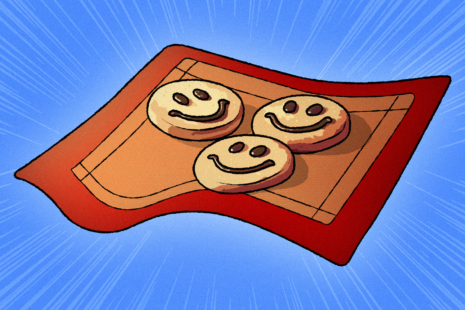 Illustration of a silicone baking mat with smiley-faced cookies on it
