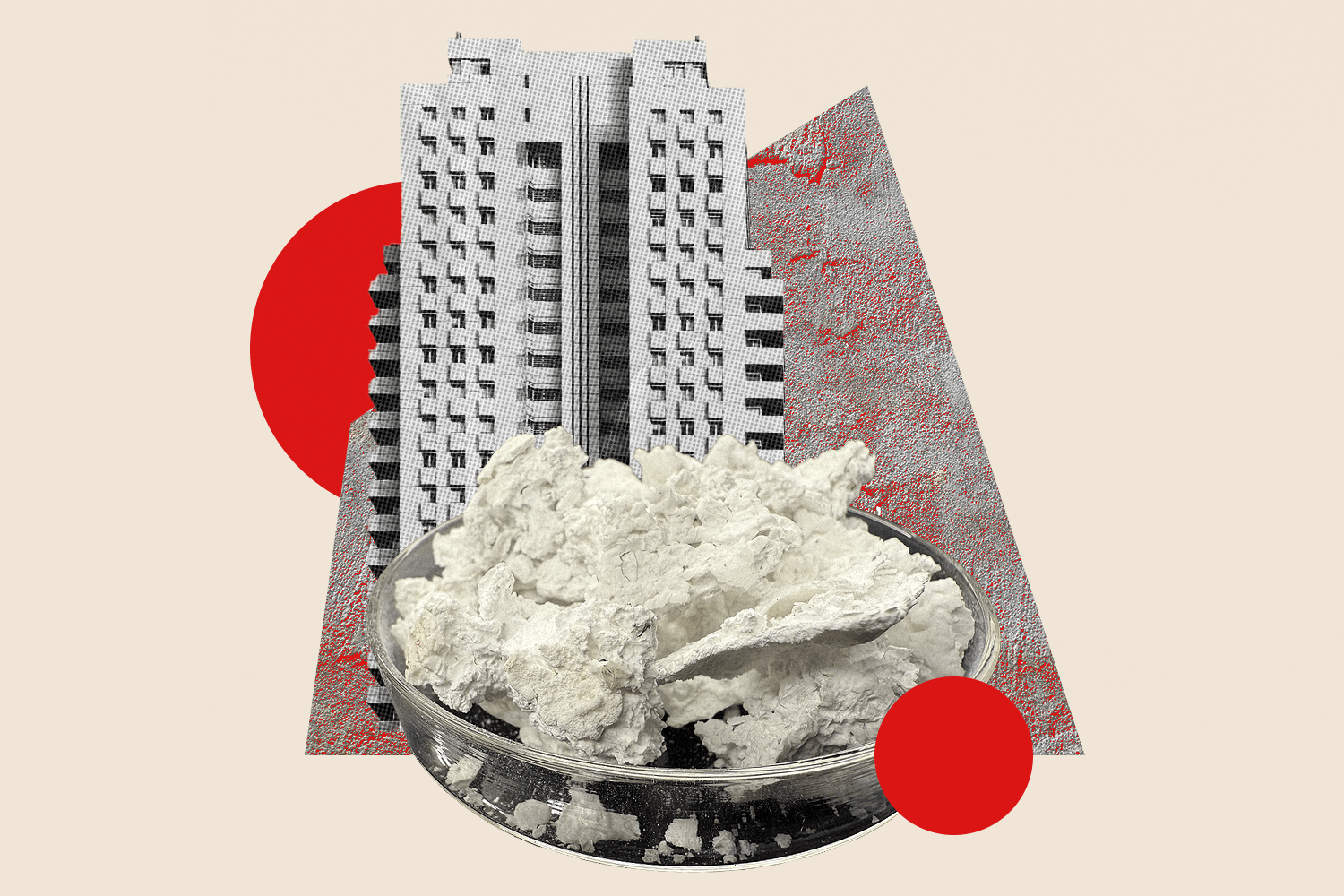 Photocollage featuring carbon-neutral substance in bowl. With concrete building behind it. Concrete wall in trapezoidal shape behind all elements. Red circles around as decorative elements. All centered.