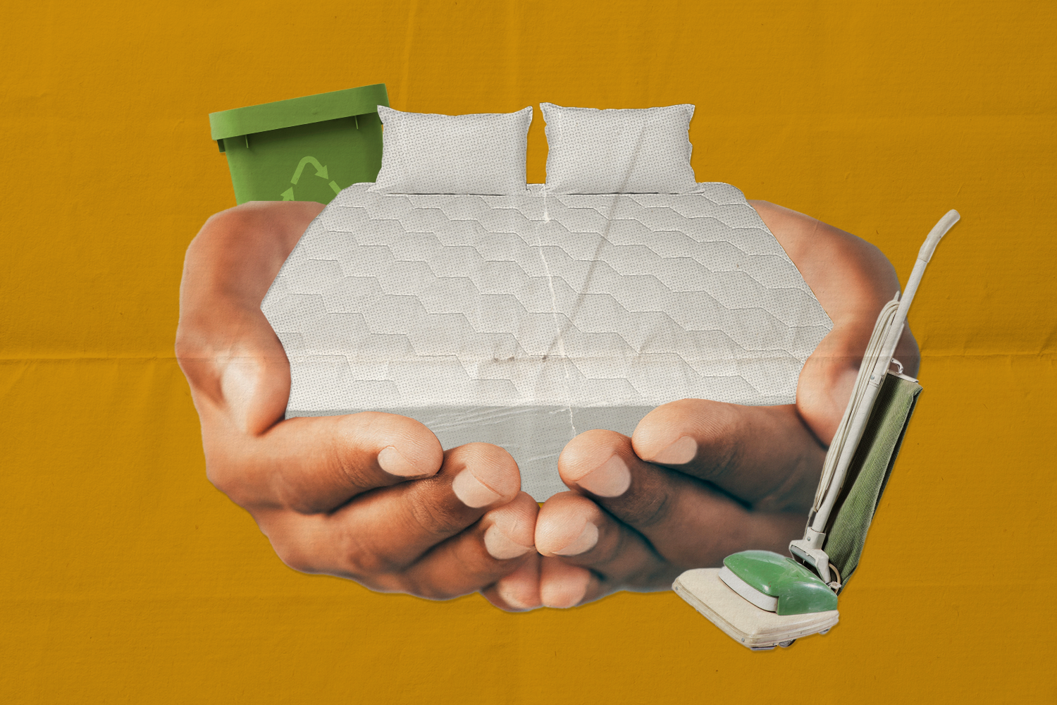 Photocollage with hands holding mattress. Recycling bin behind and stand up vacuum in front.