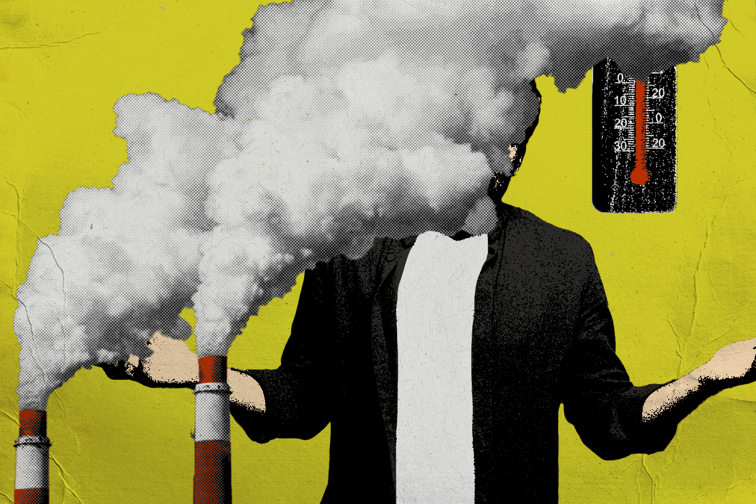 Photocollage featuring person shrugging with smoke plumes covering their face and a thermometer in the back.