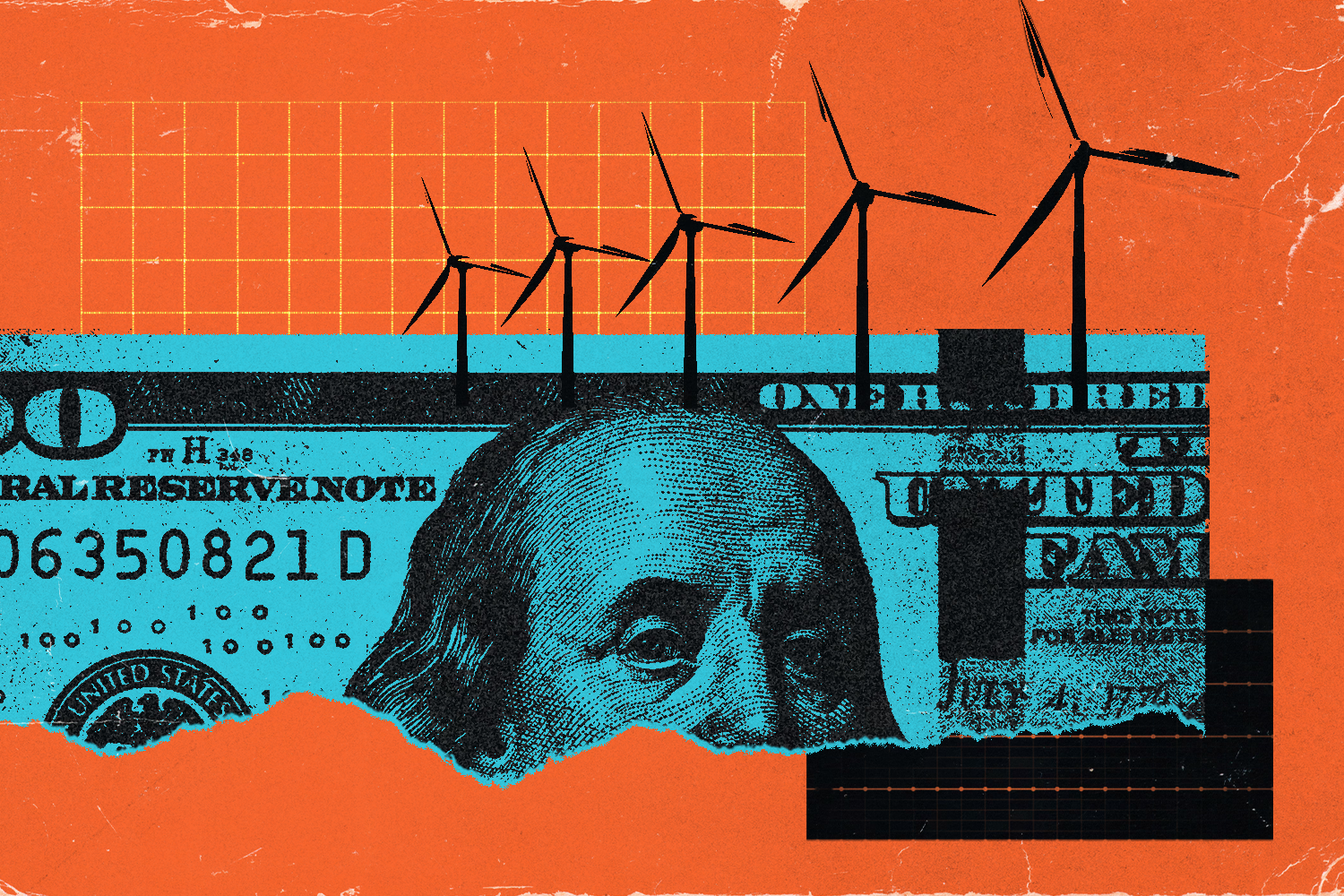 Photocollage with windmills, solar panel, and ripped 100 dollar bill.