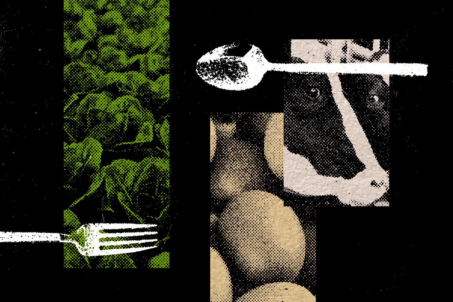 3 images of vegetables, eggs, and a couple of cows with a fork and a spoon