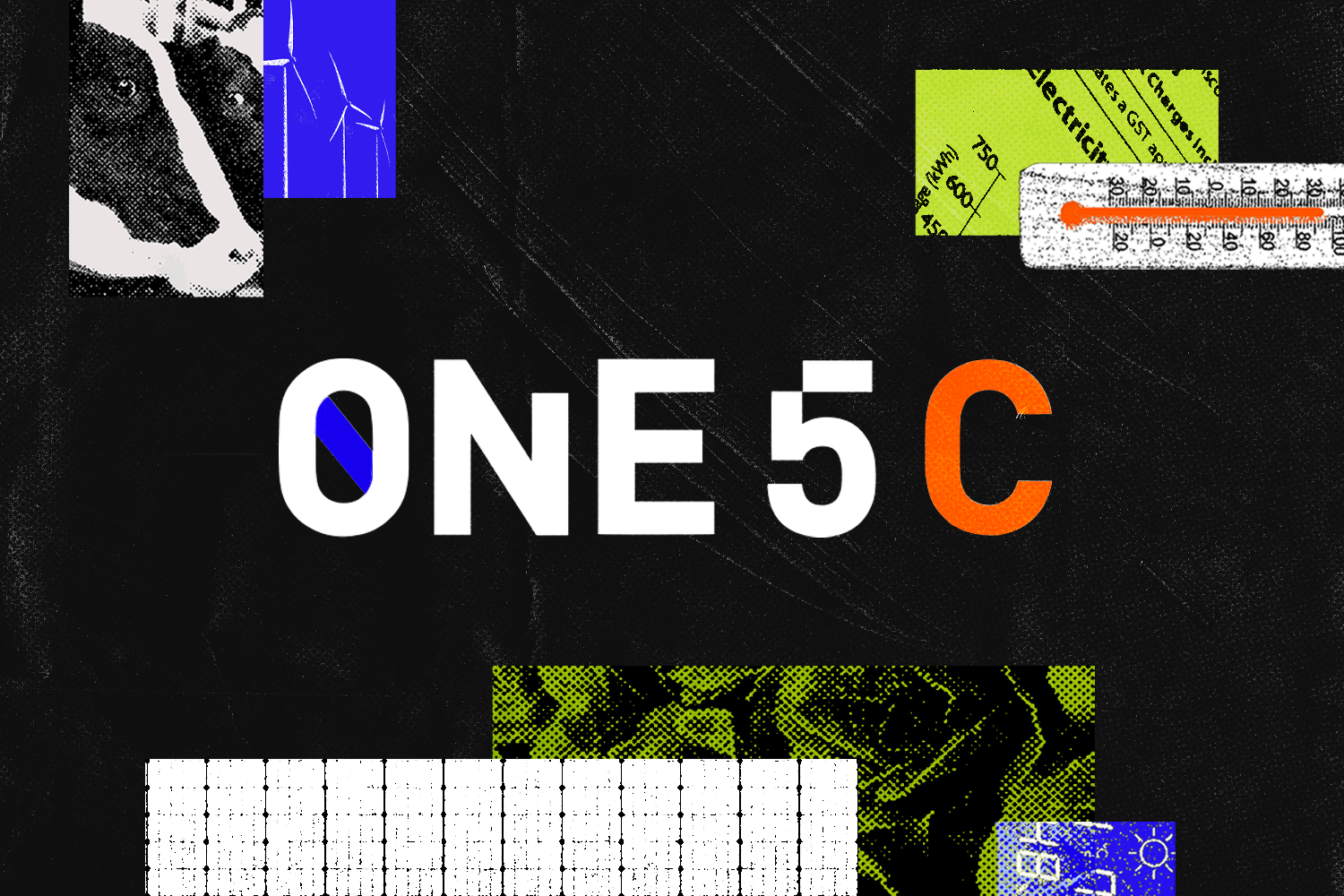 Photocollage containing One5C logo with various environmental images such as: solar panels, wind turbines, vegetation, thermometer, etc.