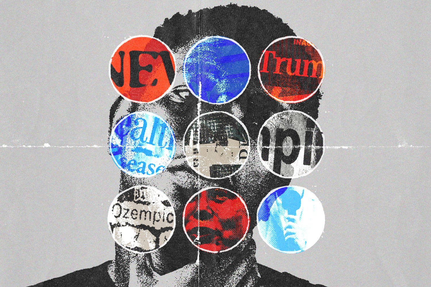 Photocollage of man being covered by current news images such as: Trump, Ozempic, Elon Musk