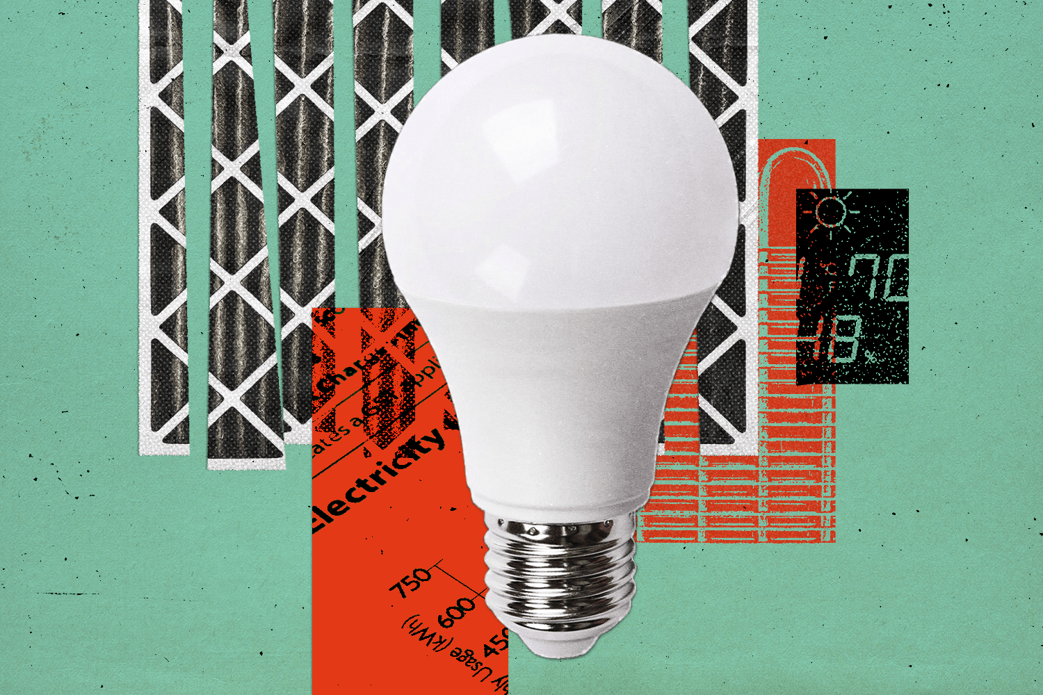 Photo collage including items such as: LED bulbs, fridge coils, thermostat, and HVAC filter.