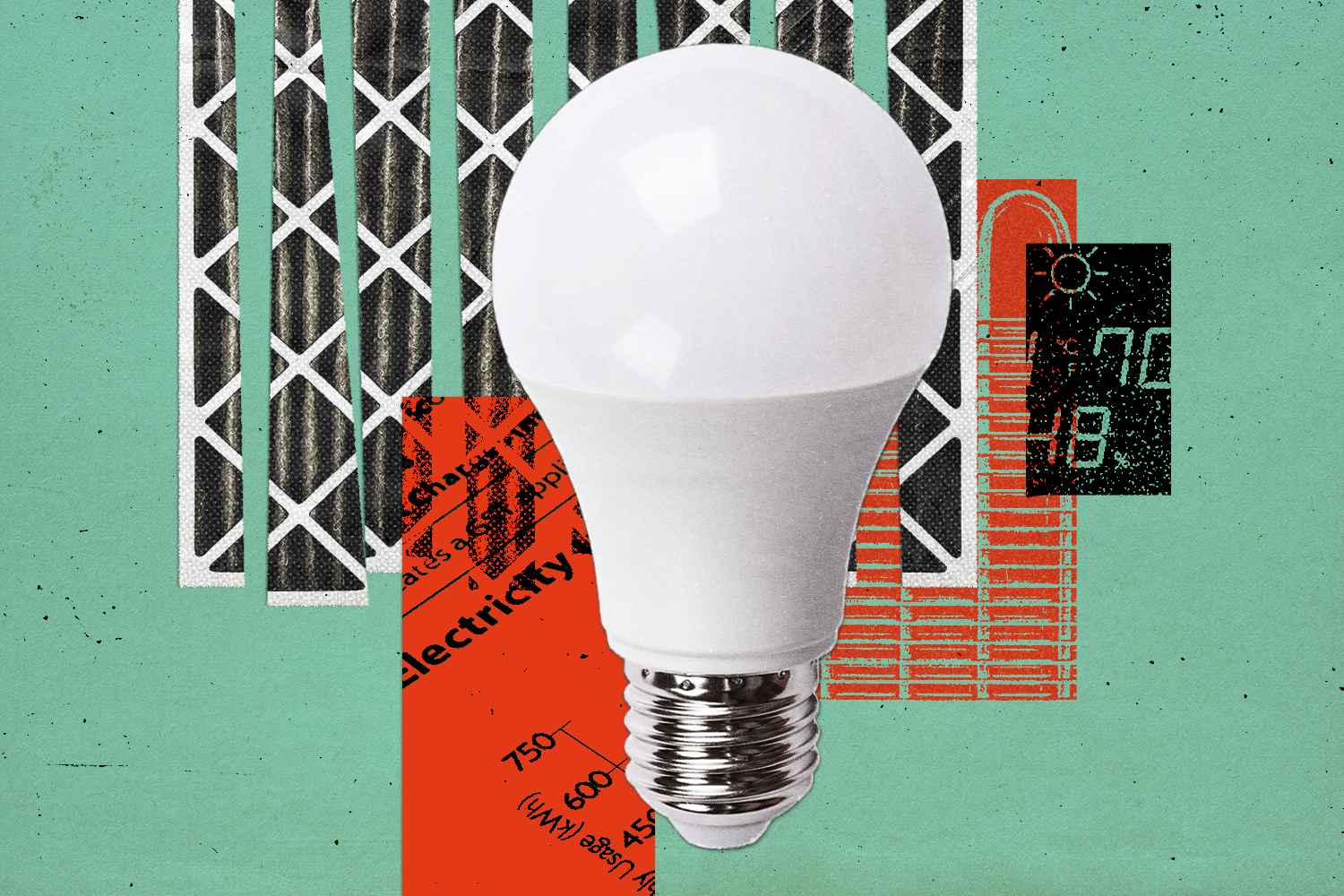 Photo collage including items such as: LED bulbs, fridge coils, thermostat, and HVAC filter.