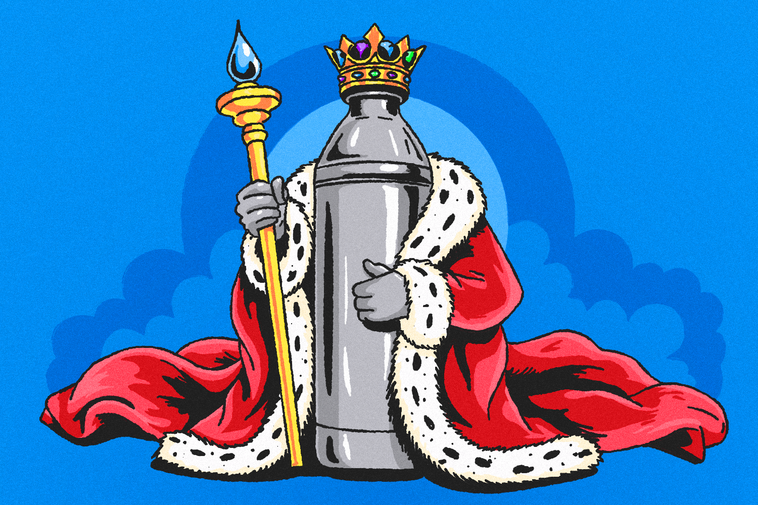 An illustration of a stainless steel water bottle wearing a robe and holding a scepter