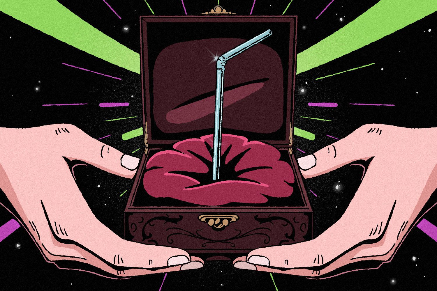 Illustration of a reusable straw presented in a ring box held open by two hands