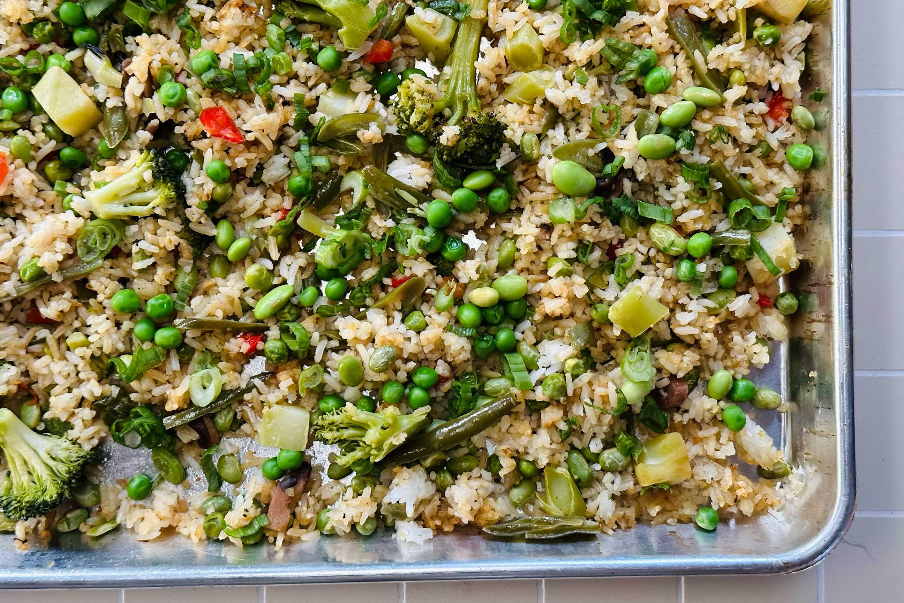 veggie fried rice on a sheet pan