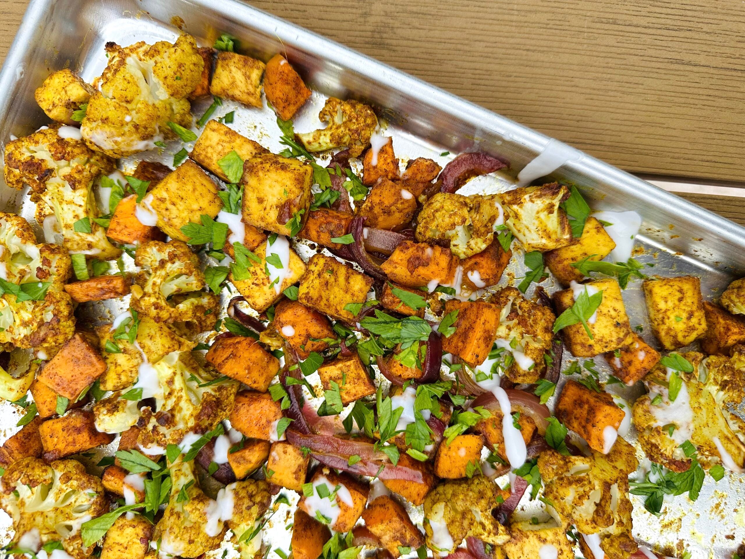 mango tofu on sheet tray