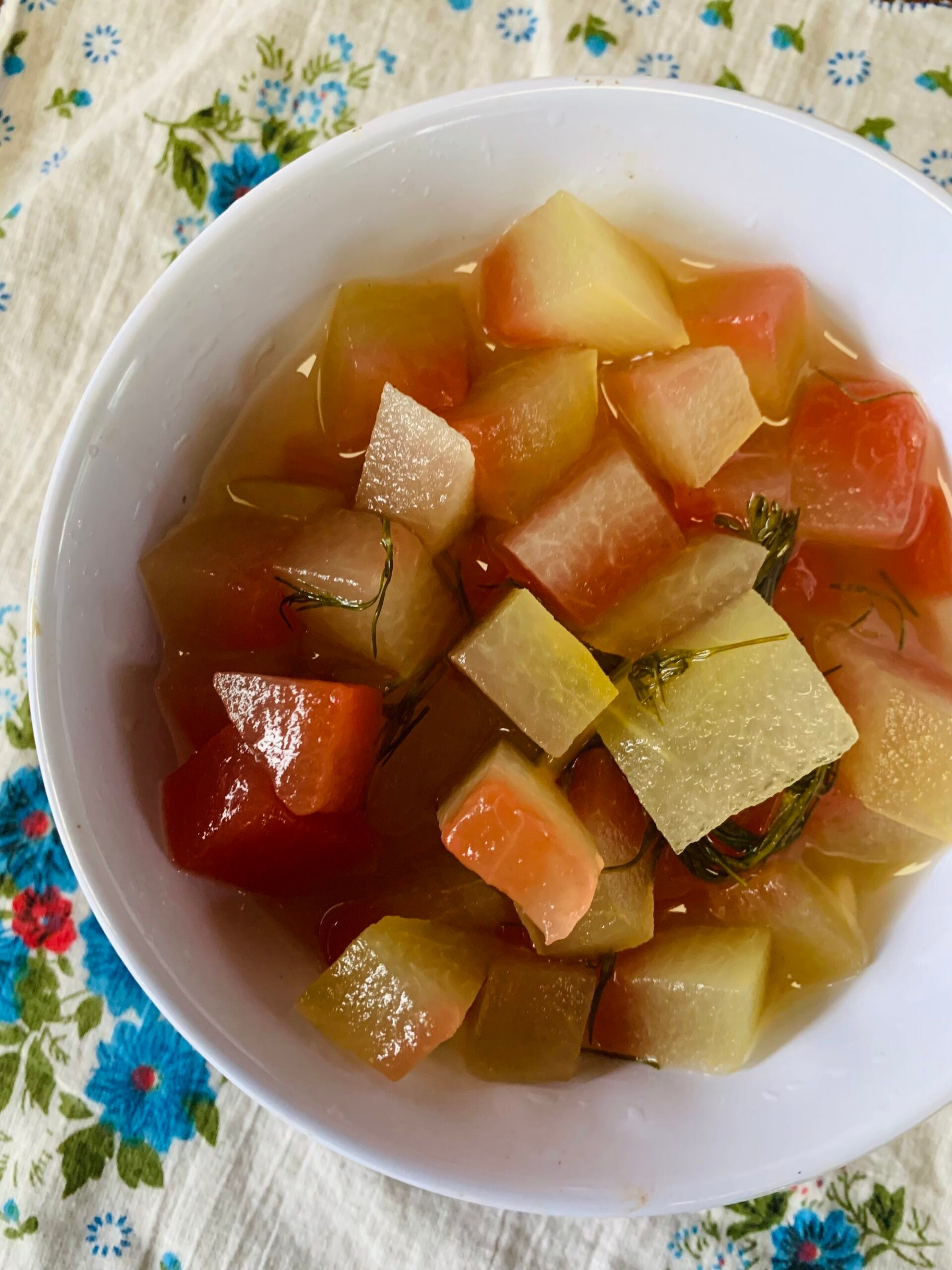 pickled watermelon rind in bowl