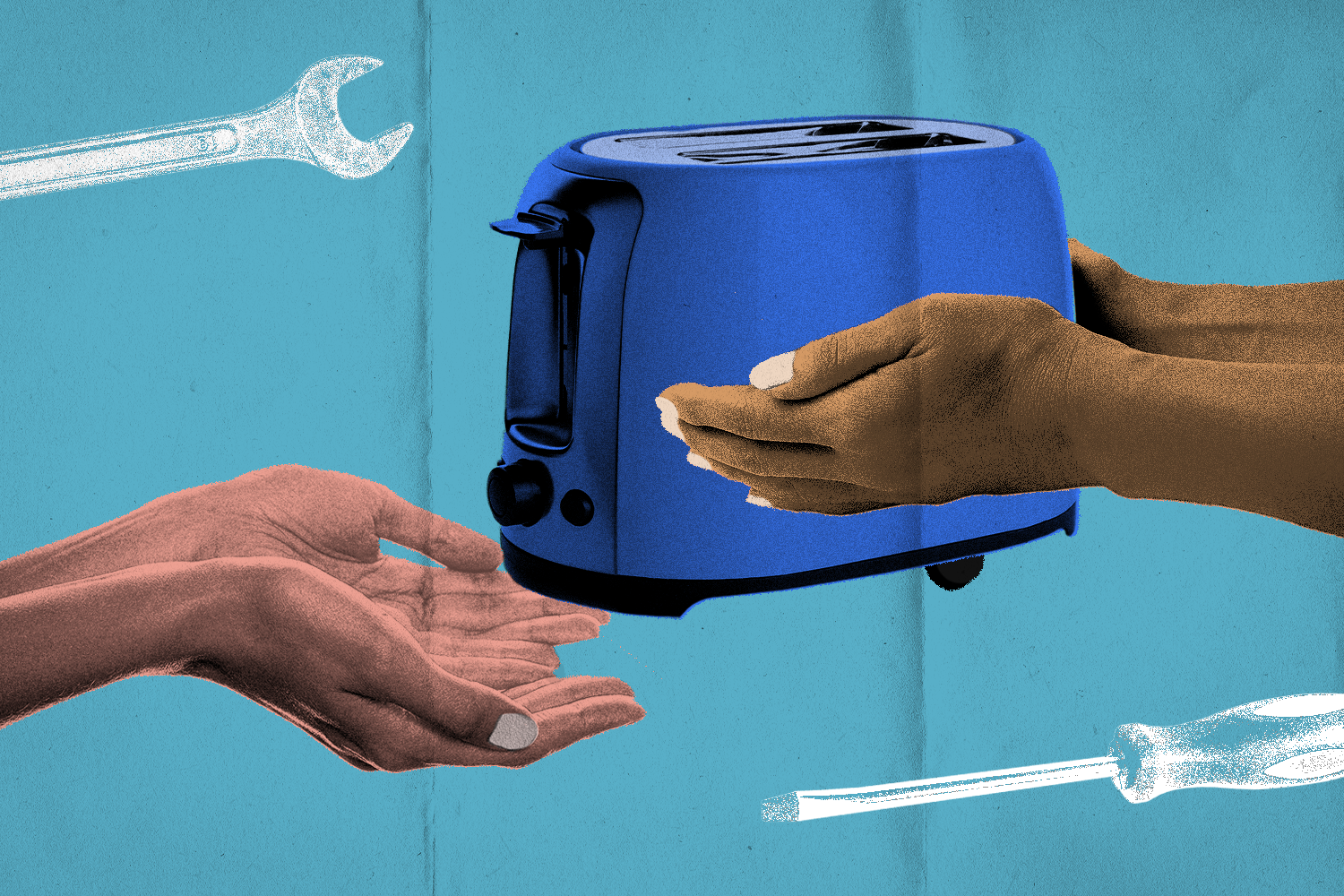 Hands passing toaster to other hands with tools around them
