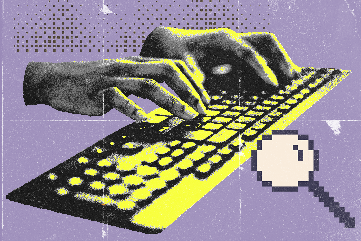 Keys typing on keyboard with pixelated magnifying glass.