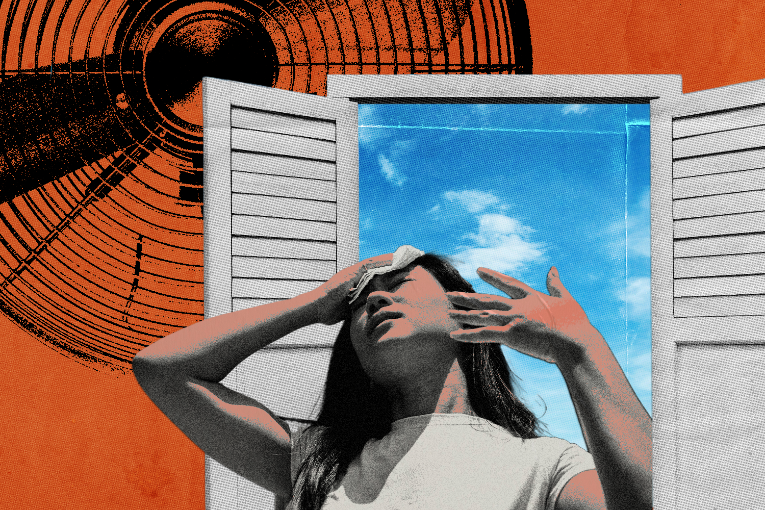 Woman fanning herself with hand, holding napkin to forehead. Open window behind her. Oscillating fan in the back.