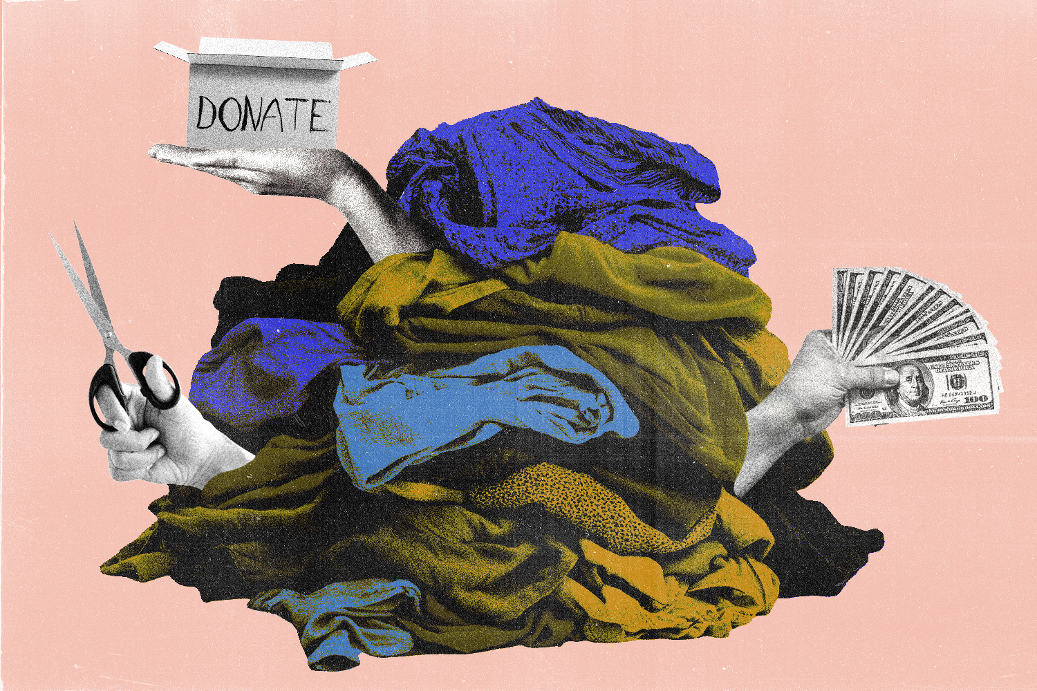 Pile of clothes with hands sticking out holding scissors, cash, and donation box.