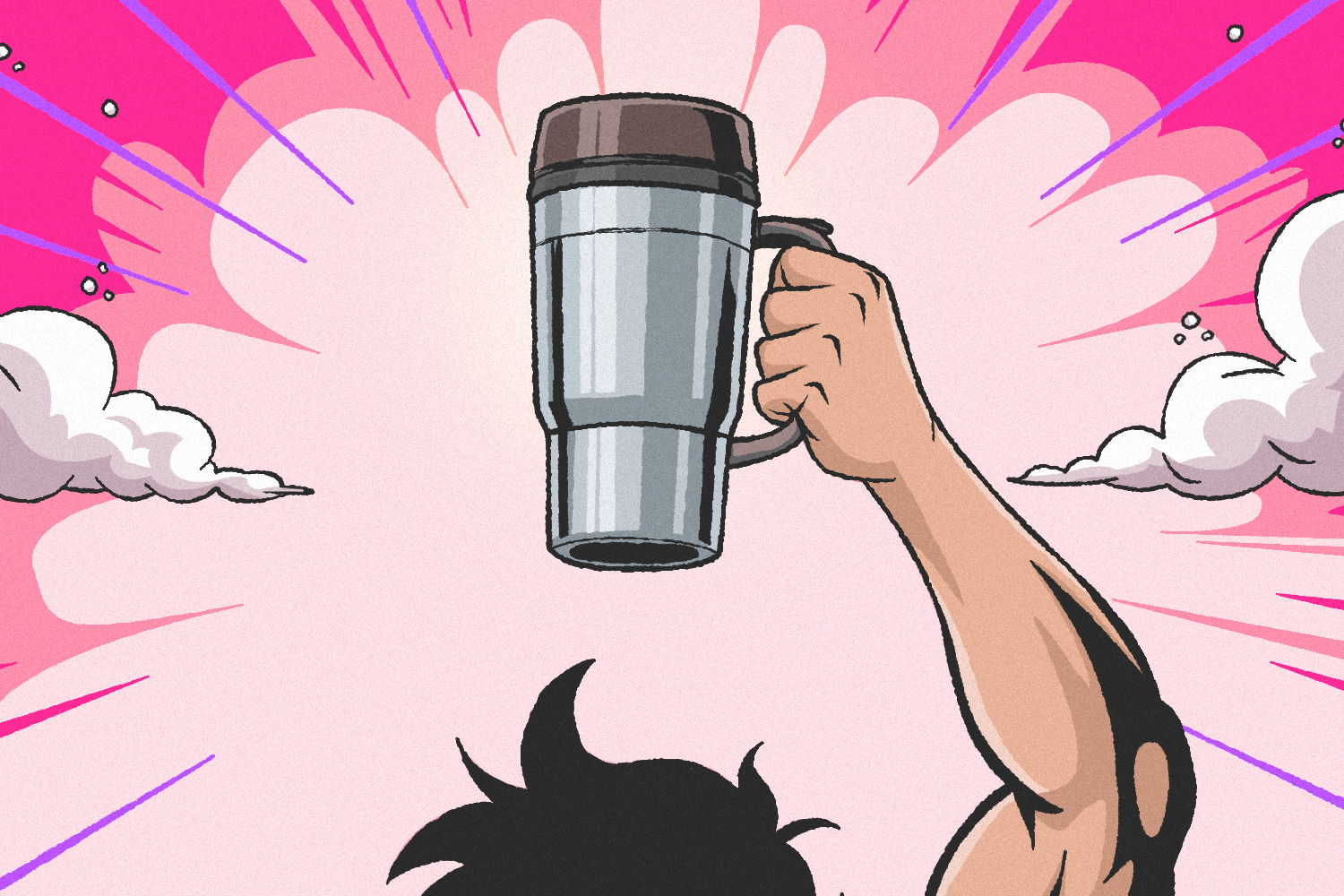 Drawing of man raising the best coffee mug up into the air