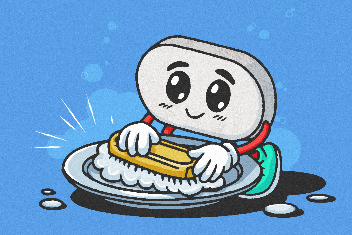 Illustration of a smiling dishwasher tablet scrubbing a dish