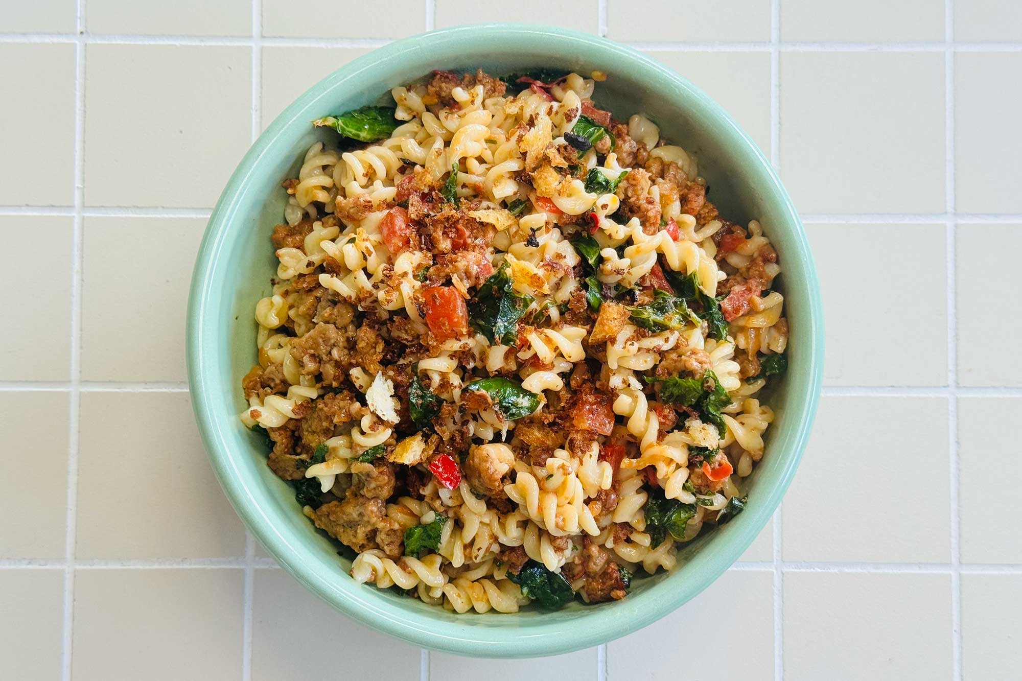 dressed up boxed mac and cheese in bowl