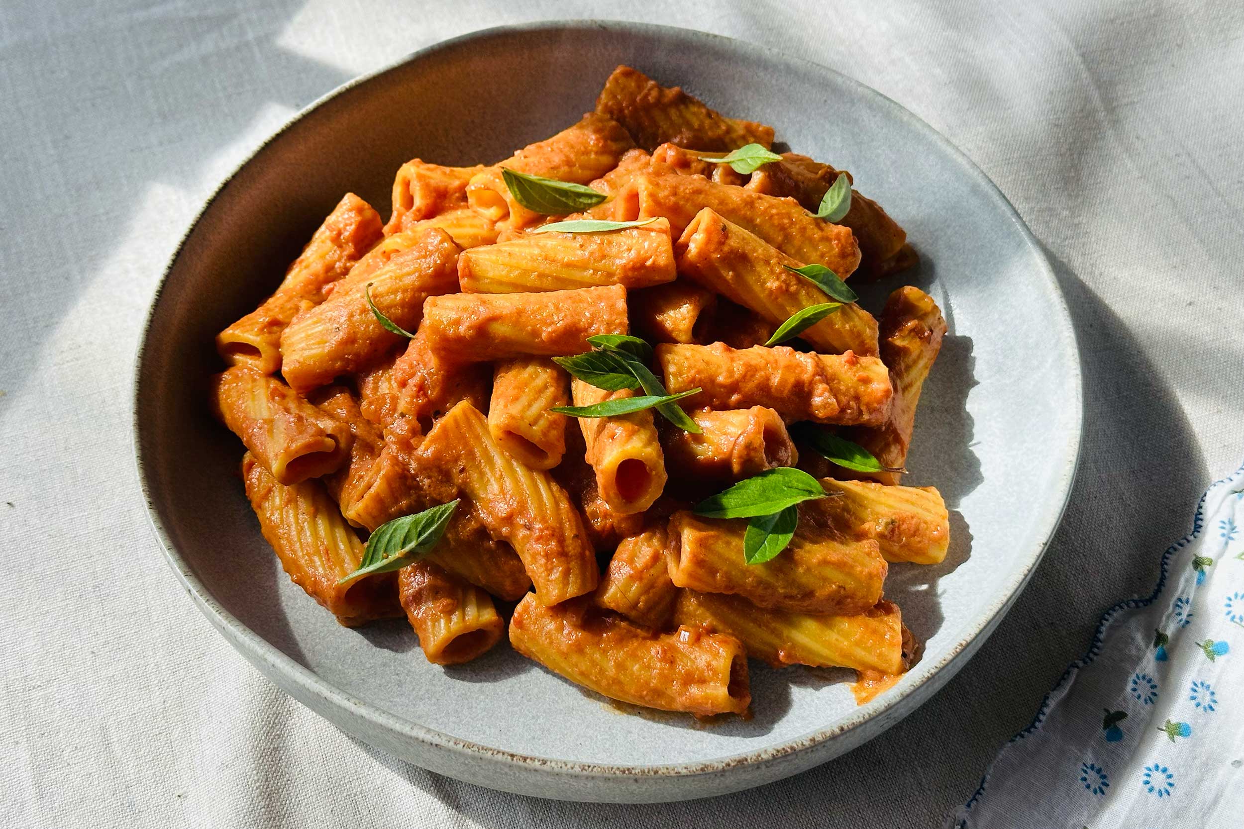 miso vodka pasta in pasta bowl
