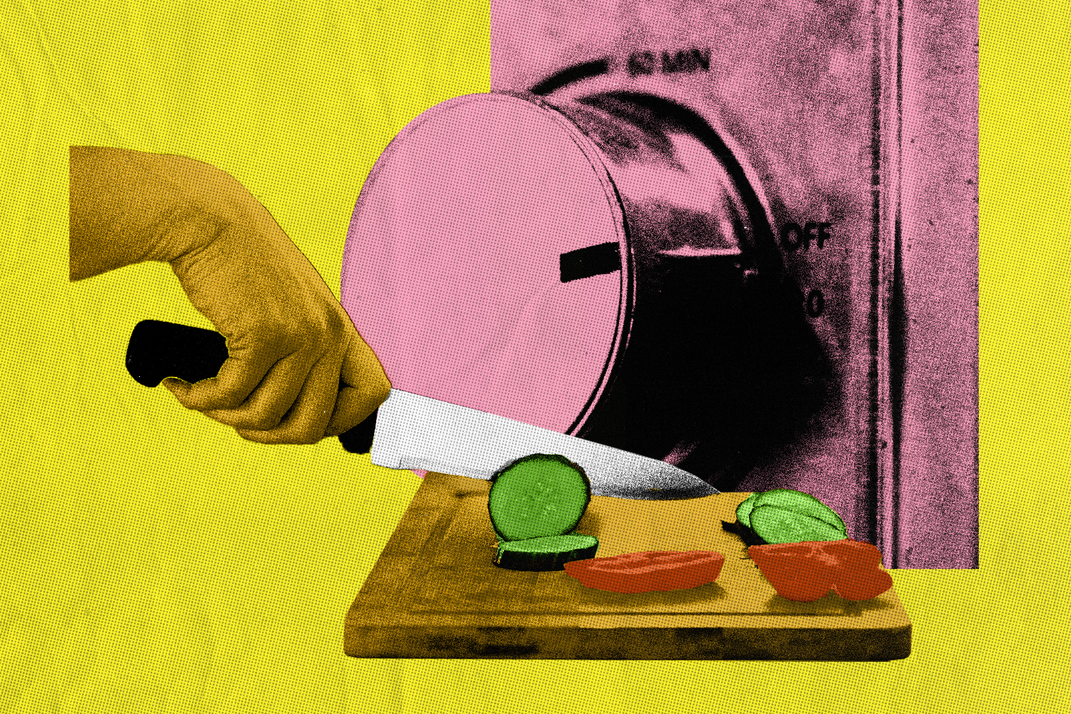 Stove knob turned off with hand cutting vegetables over