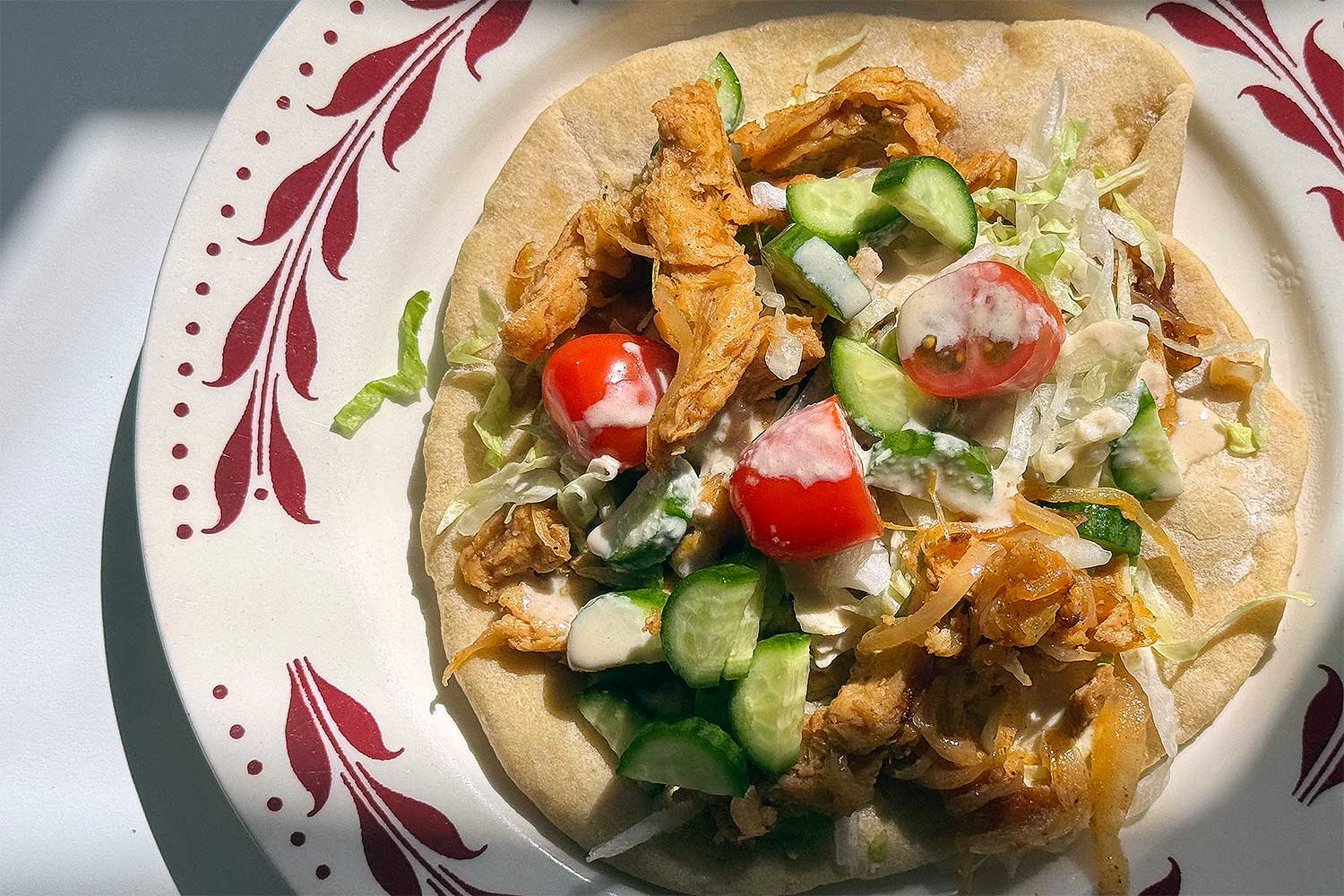 soy curl shawarma pita on plate