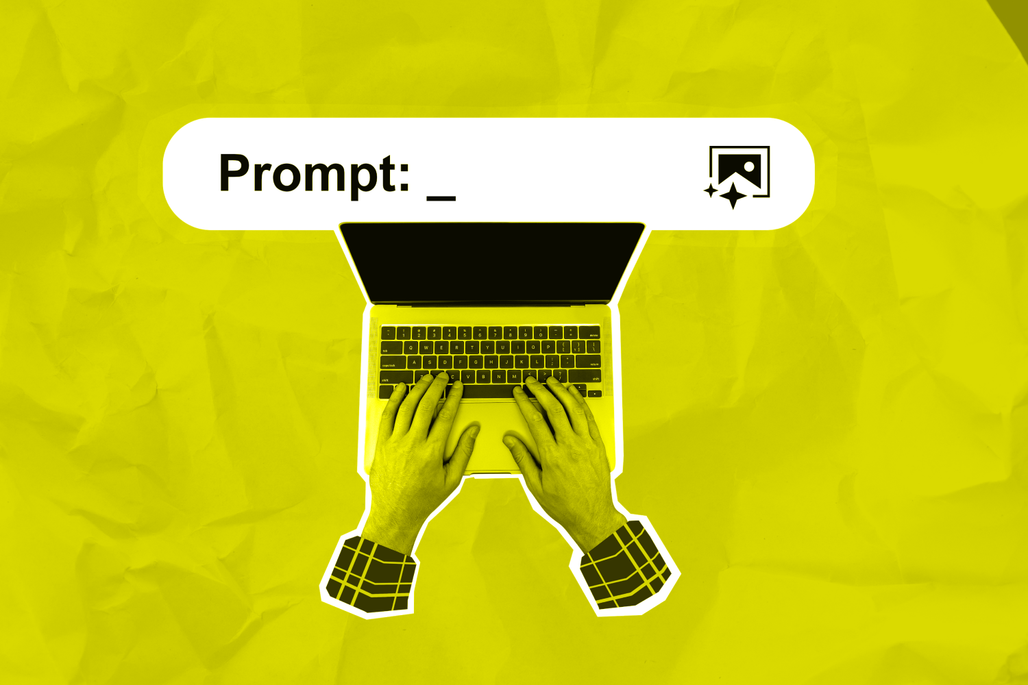 floating hands typing AI prompt into laptop