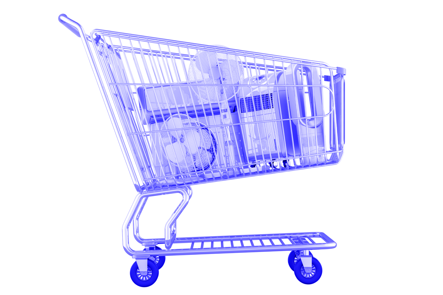 shopping cart filled with fans and air conditioners