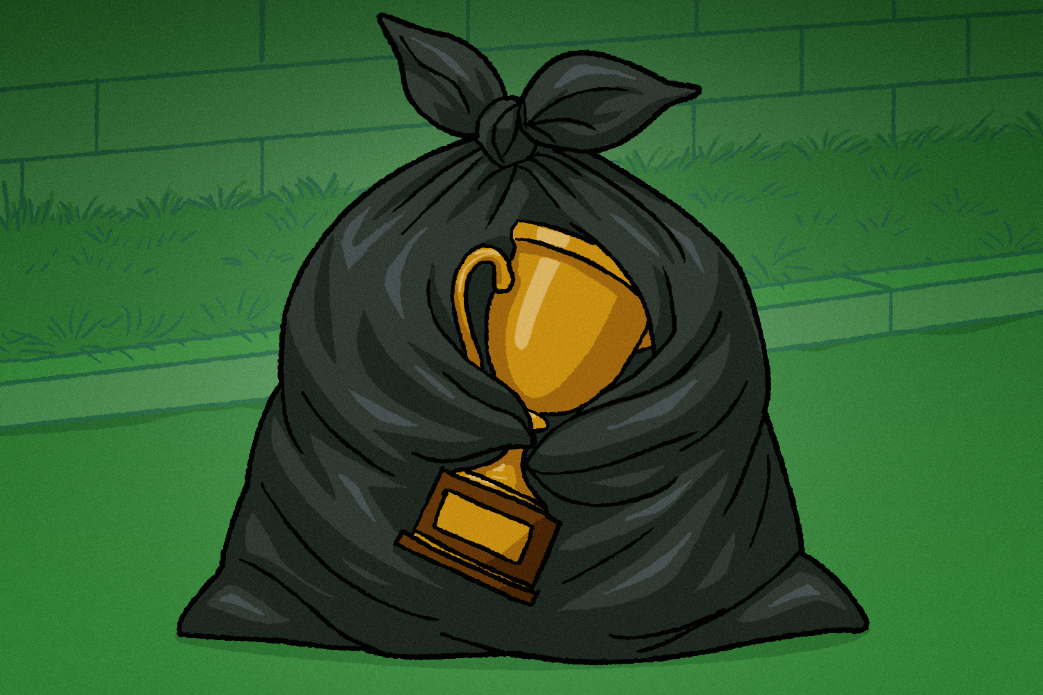 A recycled trash bag holding a first place trophy