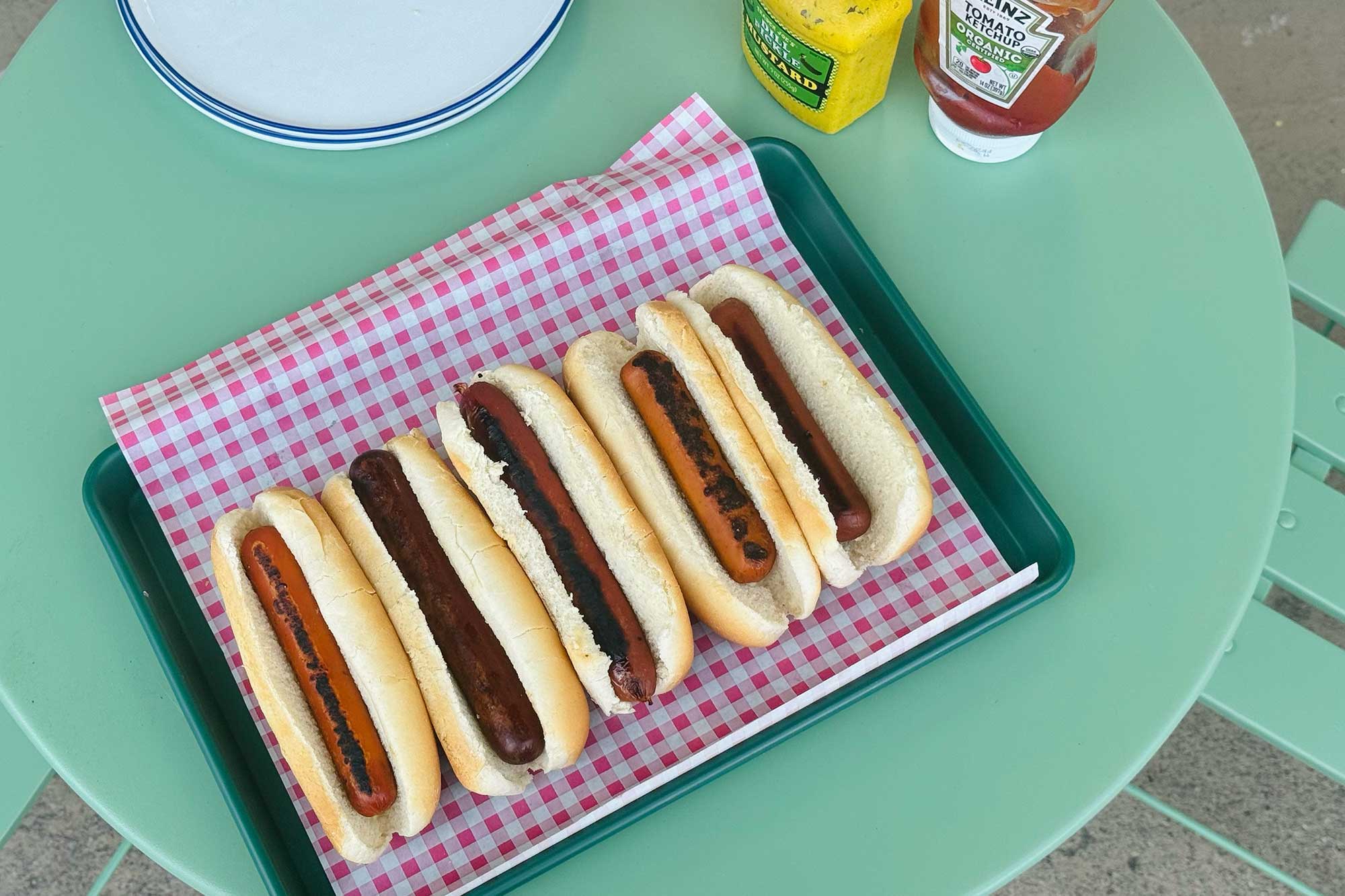 5 veggie dogs on tray