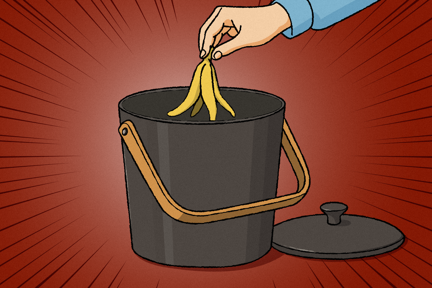 illustration of hand inserting banana peel into compost bucket