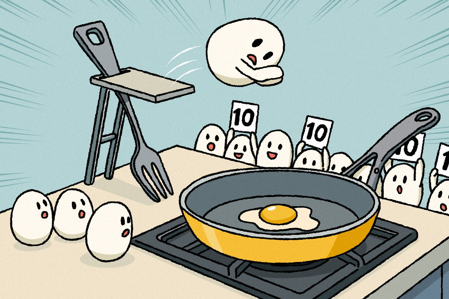 illustration of egg high diving into ceramic nonstick pan