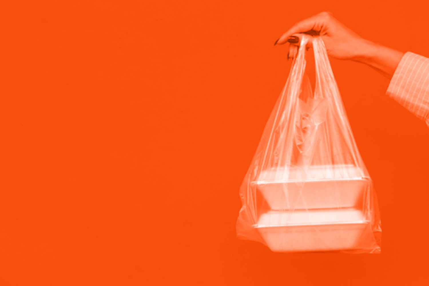 Woman's hand holding plastic carry out bag filled with takeout containers