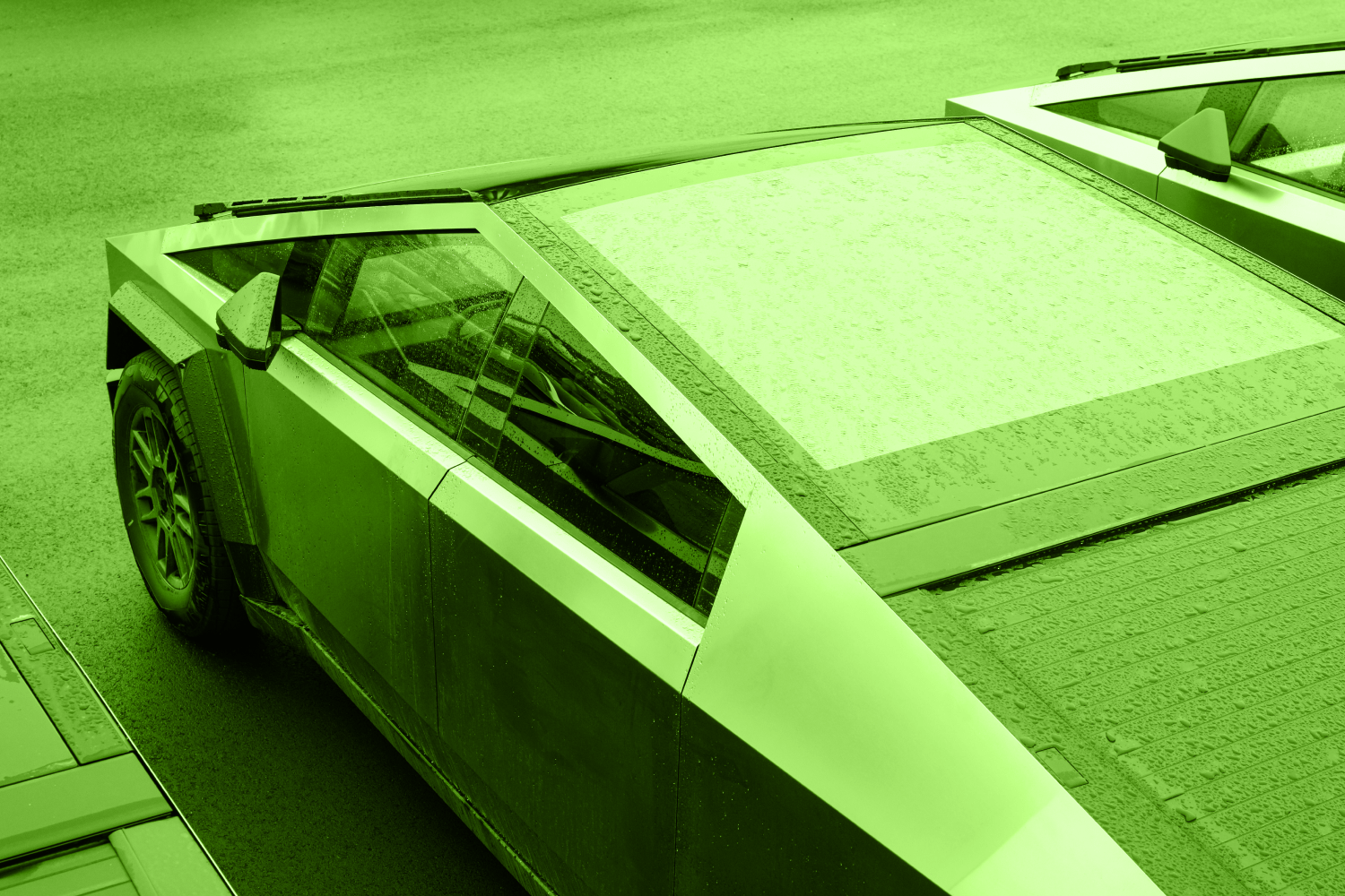 testa cybertruck from above in the rain