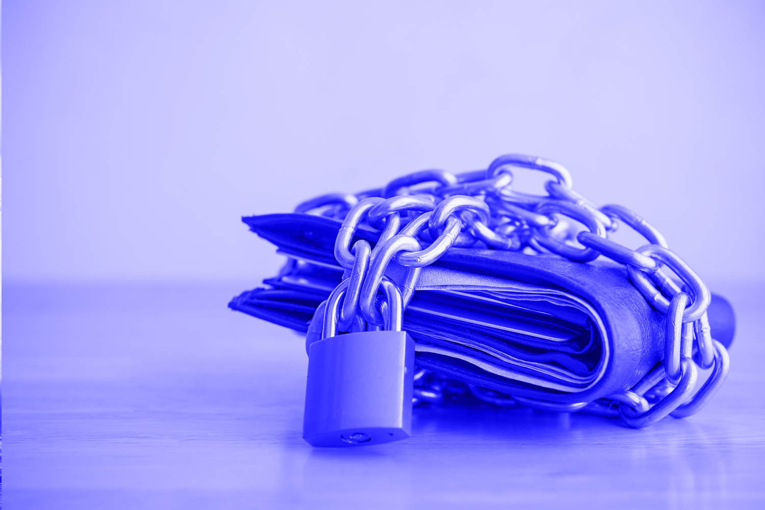 a wallet wrapped in a chain and locked to avoid spending