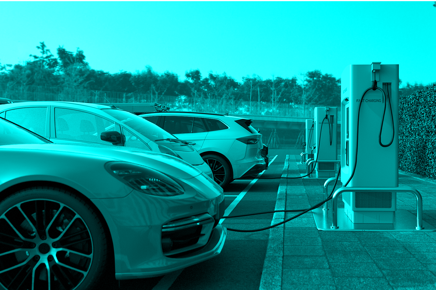 car charging at station dock point in parking lot near shopping or office building